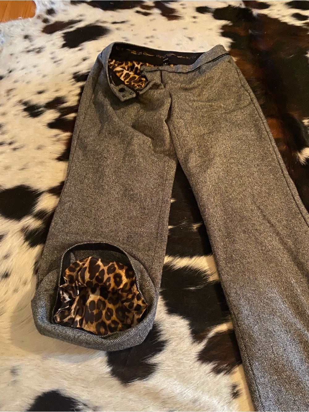 Gray Wool-Blend wide leg Pants with Leopard Lining